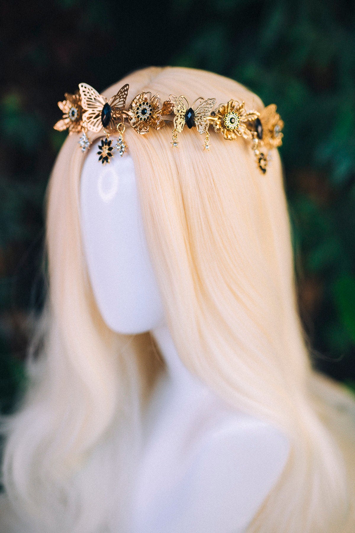 Gold crown with black rhinestones, Butterfly crown, Butterfly headpiece, Wedding crown, Bridal headpiece, Fairy crown, Elven crown