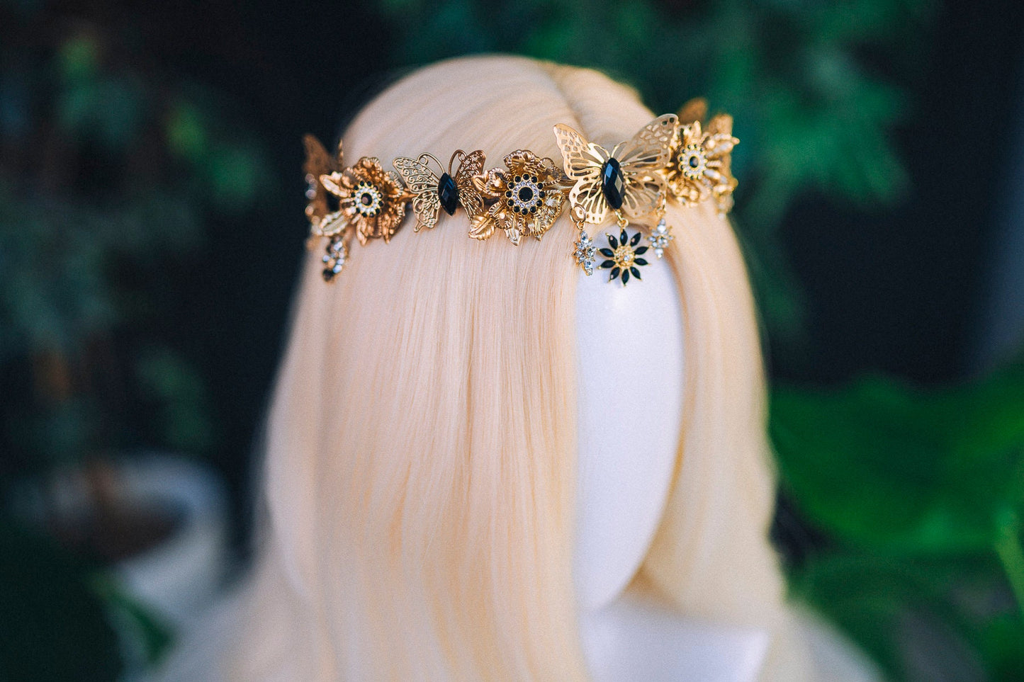 Gold crown with black rhinestones, Butterfly crown, Butterfly headpiece, Wedding crown, Bridal headpiece, Fairy crown, Elven crown