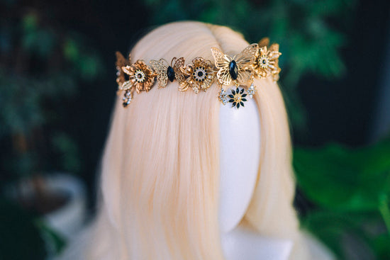 Gold crown with black rhinestones, Butterfly crown, Butterfly headpiece, Wedding crown, Bridal headpiece, Fairy crown, Elven crown