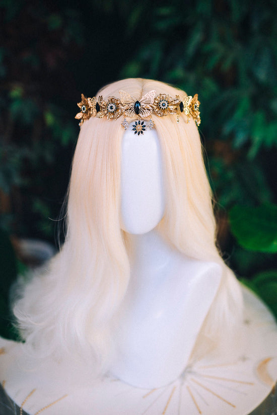 Gold crown with black rhinestones, Butterfly crown, Butterfly headpiece, Wedding crown, Bridal headpiece, Fairy crown, Elven crown