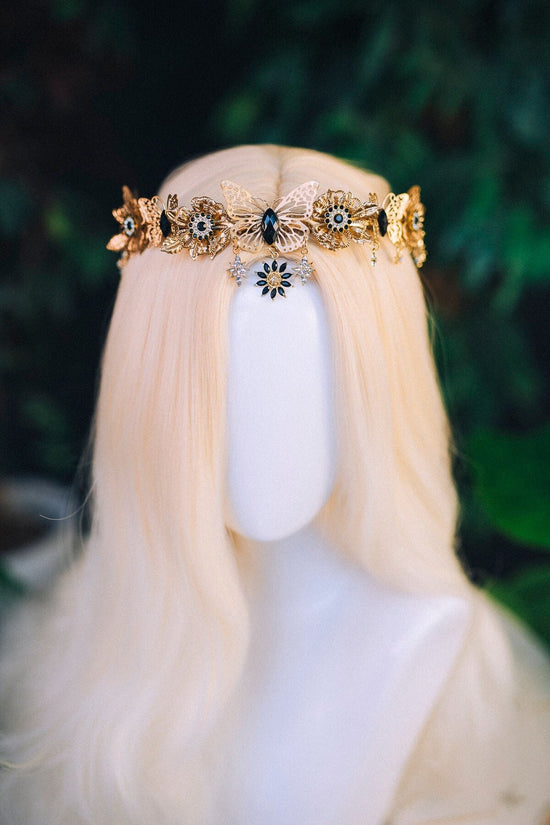 Gold crown with black rhinestones, Butterfly crown, Butterfly headpiece, Wedding crown, Bridal headpiece, Fairy crown, Elven crown