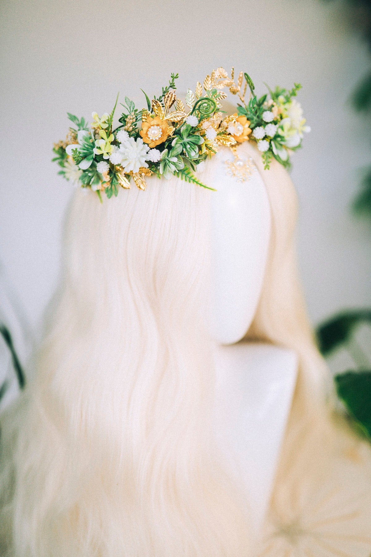 Greenery Flower Crown Flower Tiara Celestial Gold Wedding Headpiece Headband Fairy Eleven Flower Wedding Crown Boho Bride Crystal Crown