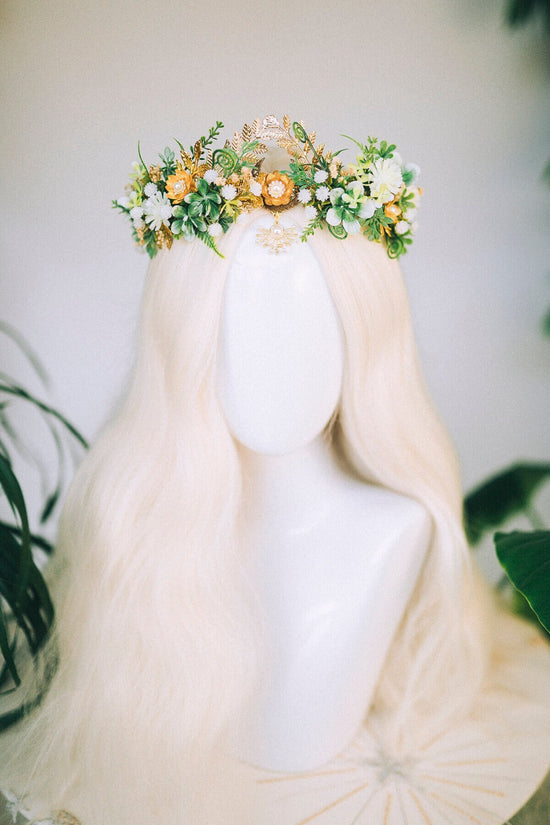 Greenery Flower Crown Flower Tiara Celestial Gold Wedding Headpiece Headband Fairy Eleven Flower Wedding Crown Boho Bride Crystal Crown