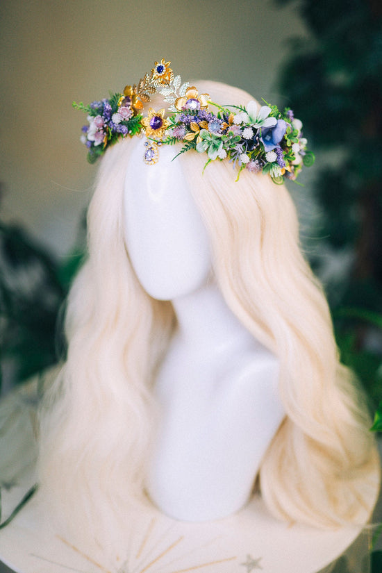 Lavender Flower Crown Flower Tiara Celestial Gold Wedding Headpiece Headband Fairy Eleven Flower Wedding Crown Boho Bride Crystal Crown