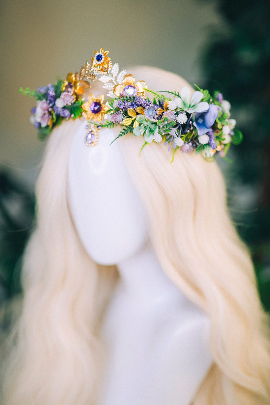 Lavender Flower Crown Flower Tiara Celestial Gold Wedding Headpiece Headband Fairy Eleven Flower Wedding Crown Boho Bride Crystal Crown