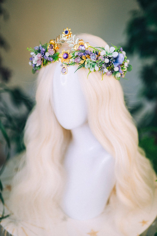 Lavender Flower Crown Flower Tiara Celestial Gold Wedding Headpiece Headband Fairy Eleven Flower Wedding Crown Boho Bride Crystal Crown