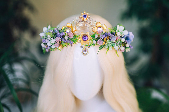 Lavender Flower Crown Flower Tiara Celestial Gold Wedding Headpiece Headband Fairy Eleven Flower Wedding Crown Boho Bride Crystal Crown