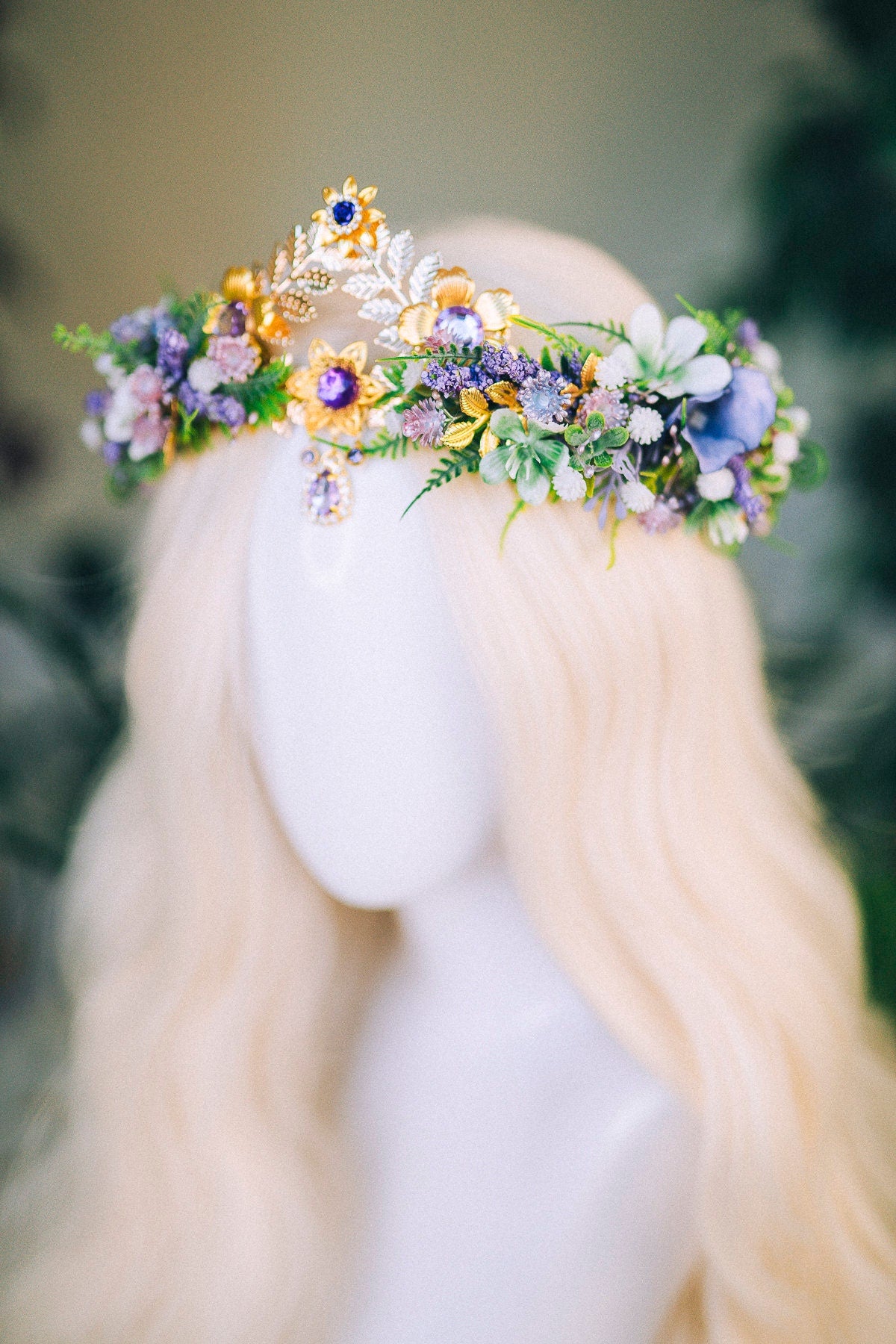 Lavender Flower Crown Flower Tiara Celestial Gold Wedding Headpiece Headband Fairy Eleven Flower Wedding Crown Boho Bride Crystal Crown