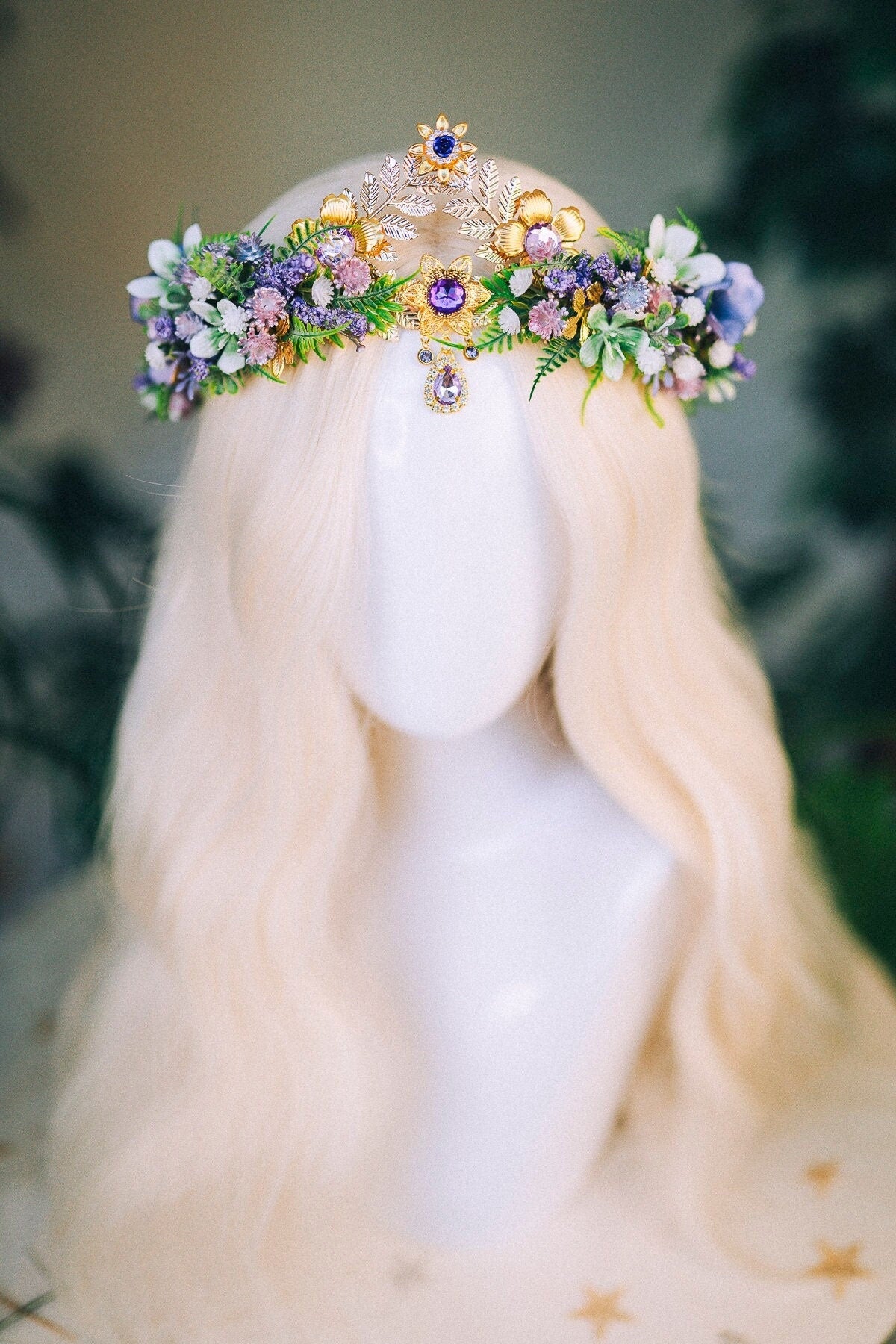 Lavender Flower Crown Flower Tiara Celestial Gold Wedding Headpiece Headband Fairy Eleven Flower Wedding Crown Boho Bride Crystal Crown