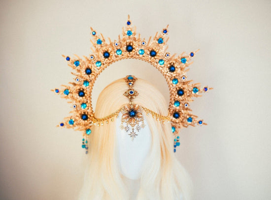 Blue Halo crown, Gold Halo, Goddess Crown,Photo props, Maternity Photo shoot, Queen Crown, Halo Headpiece, Crown, Headband,Celestial jewelry