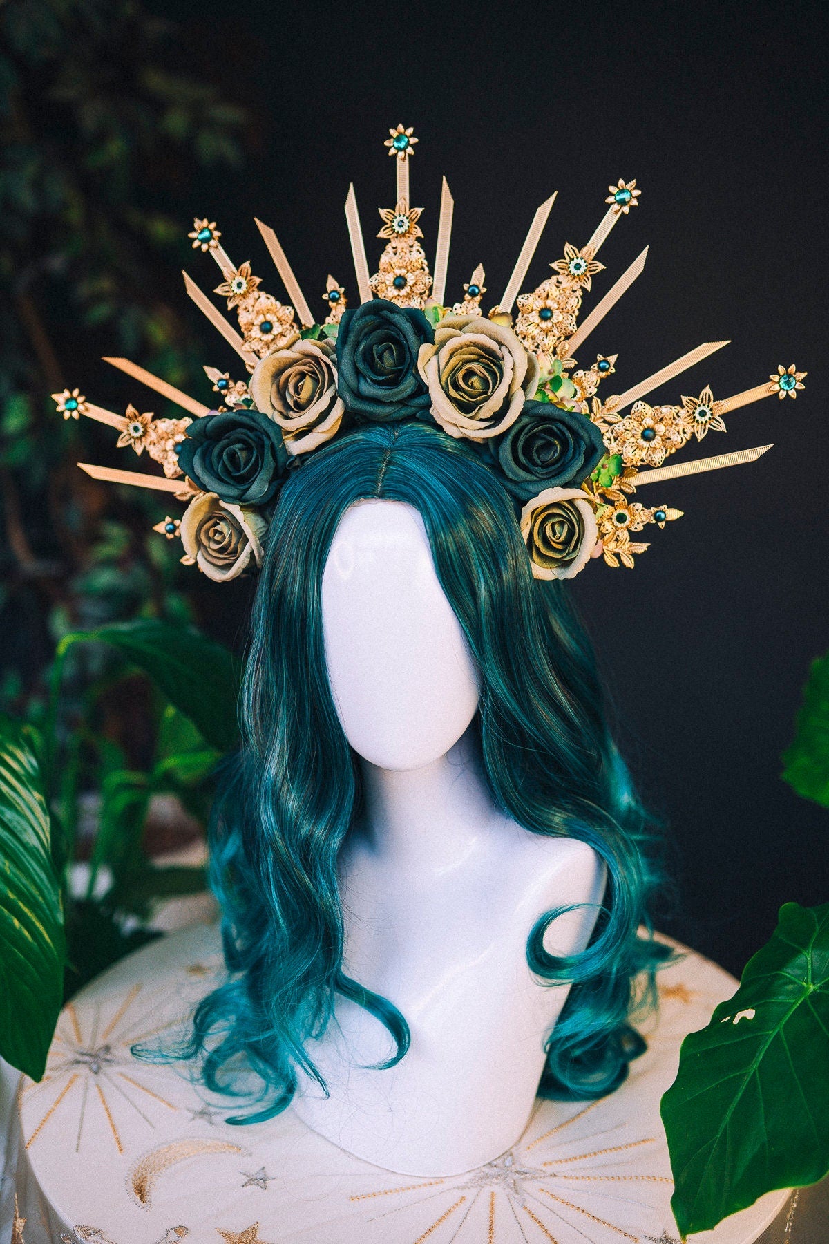 Emerald Flower crown Gold halo Moon crown Bridal Headpiece Goddess crown Celestial Jewellery Burning man Accessories Tiara Diadem Crown Boho