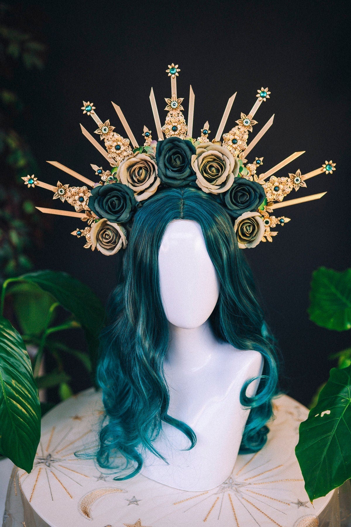 Emerald Flower crown Gold halo Moon crown Bridal Headpiece Goddess crown Celestial Jewellery Burning man Accessories Tiara Diadem Crown Boho