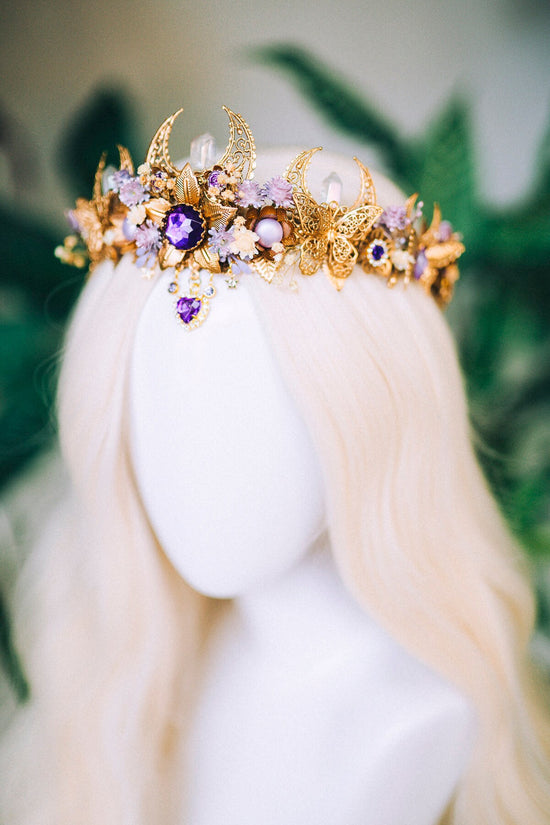 Lavender flower crown, Flower headpiece, Gold crown, Bridal crown, Wedding headpiece, Purple flower crown, Fairy crown, Crystal crown