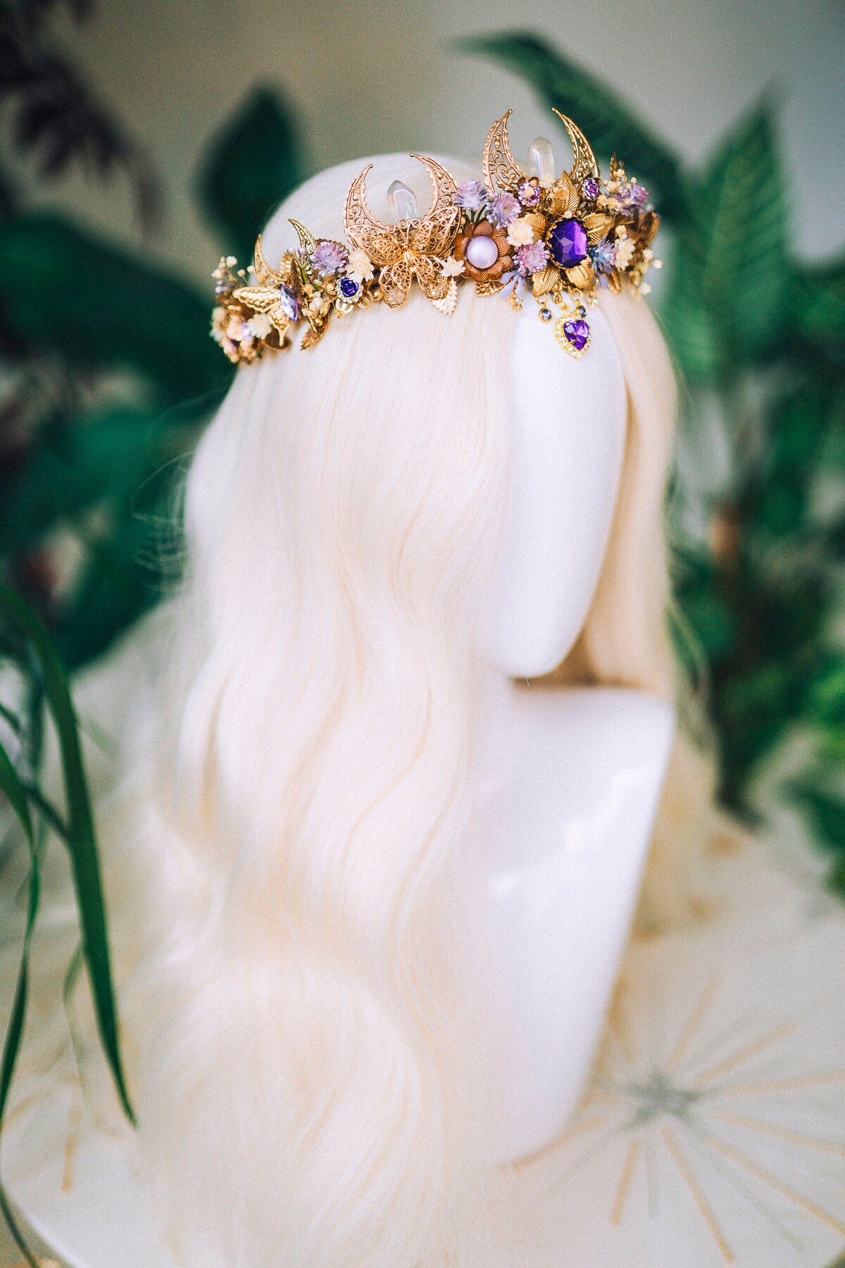 Lavender flower crown, Flower headpiece, Gold crown, Bridal crown, Wedding headpiece, Purple flower crown, Fairy crown, Crystal crown