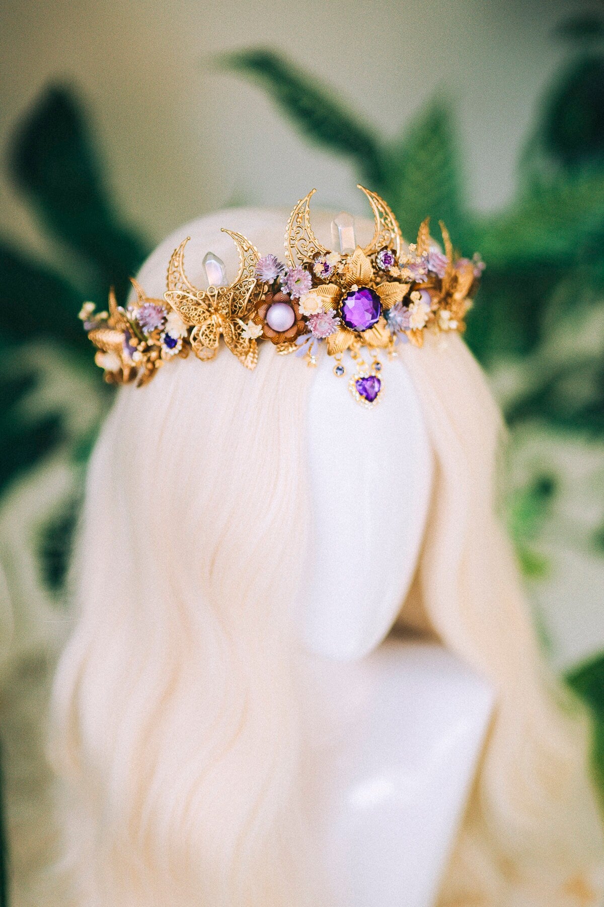 Lavender flower crown, Flower headpiece, Gold crown, Bridal crown, Wedding headpiece, Purple flower crown, Fairy crown, Crystal crown