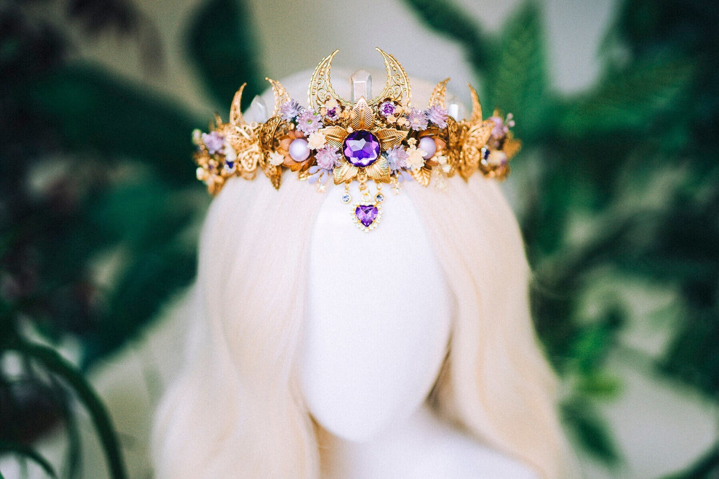 Lavender flower crown, Flower headpiece, Gold crown, Bridal crown, Wedding headpiece, Purple flower crown, Fairy crown, Crystal crown