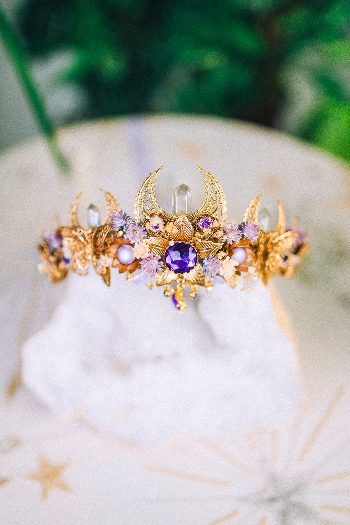 Lavender flower crown, Flower headpiece, Gold crown, Bridal crown, Wedding headpiece, Purple flower crown, Fairy crown, Crystal crown