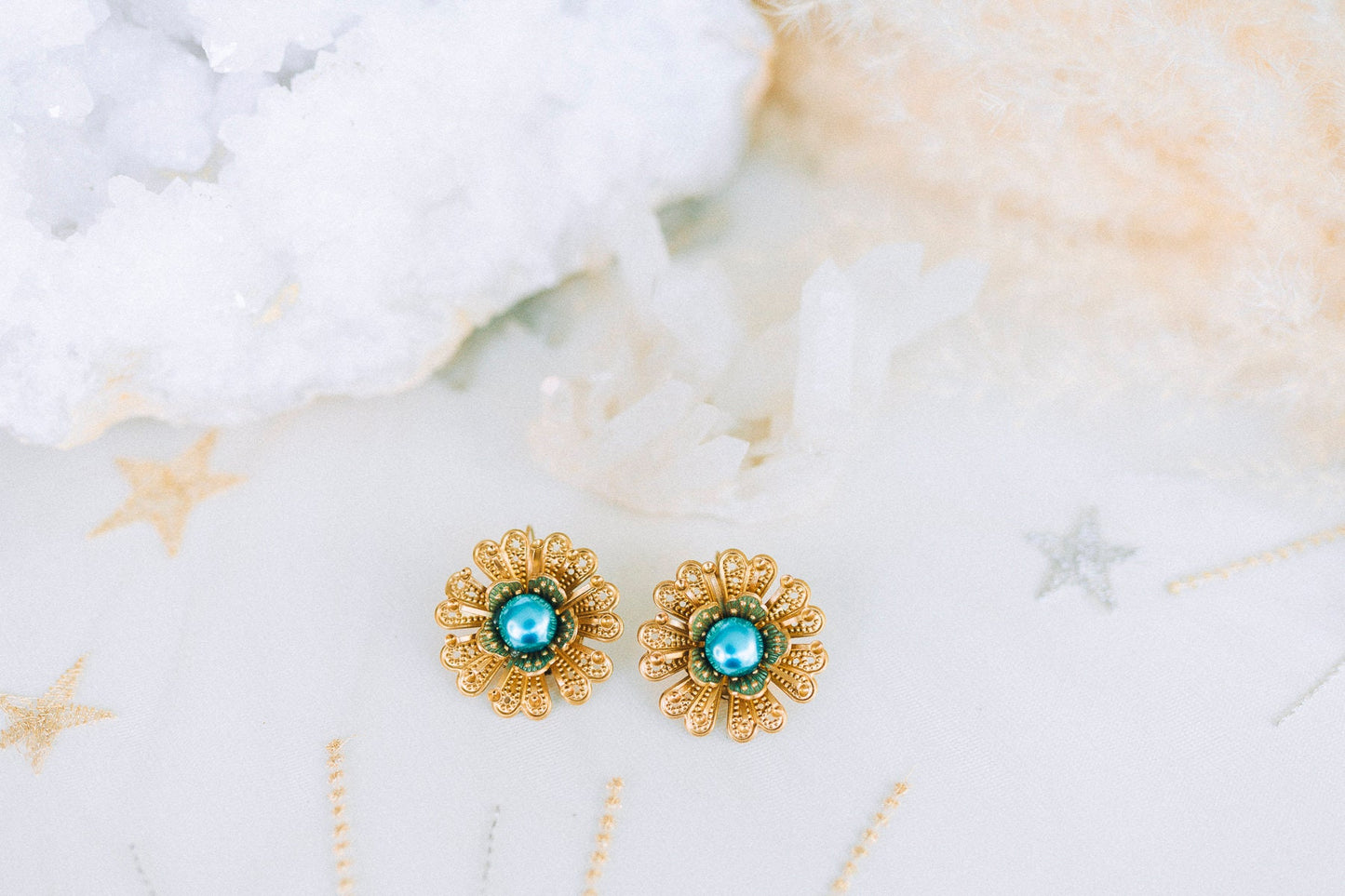 READY TO SHIP Flower earrings Festival earrings Gold boho earrings Summer earrings Wedding accessories Blue earrings Turquoise earrings