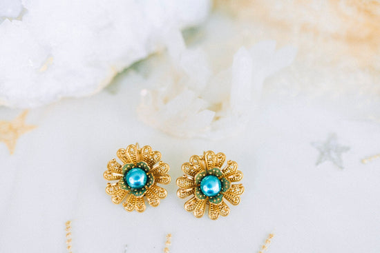 READY TO SHIP Flower earrings Festival earrings Gold boho earrings Summer earrings Wedding accessories Blue earrings Turquoise earrings