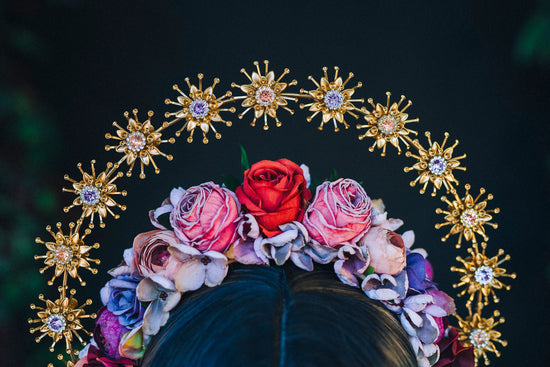 Red Flower Crown Flower Tiara Celestial Gold Wedding Tiara Headpiece Headband Fairy Halo Purple Crown Wedding Crown Boho bride Crystal Crown