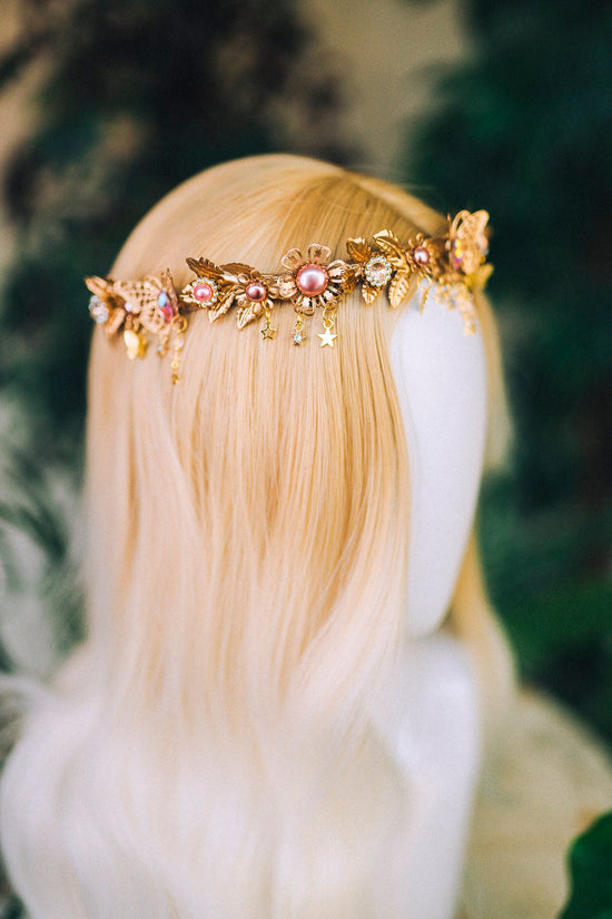 Butterfly Flower Tiara, Gold Headpiece with Pink Pearls Crystals Stars, Elegant Bridal Crown for Weddings Festivals Special Occasions