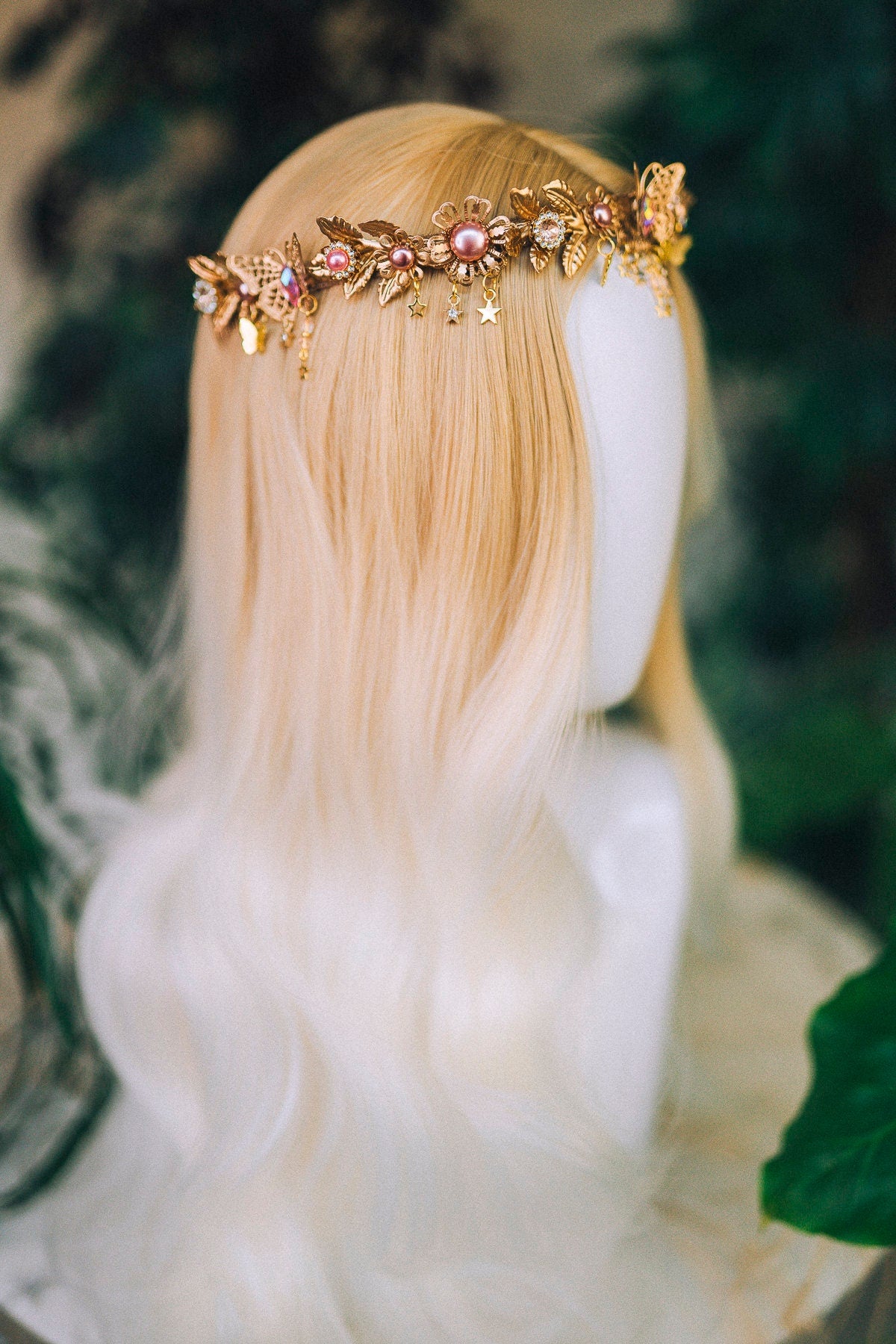 Butterfly Flower Tiara, Gold Headpiece with Pink Pearls Crystals Stars, Elegant Bridal Crown for Weddings Festivals Special Occasions