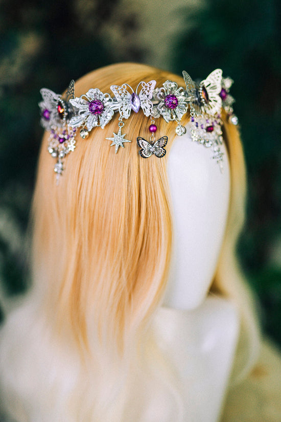 Purple tiara Flower crown Jewellery Elf tiara Diadem Crown Fairy crown Bridal crown Burning man Festival headpiece Butterfly crown Halloween