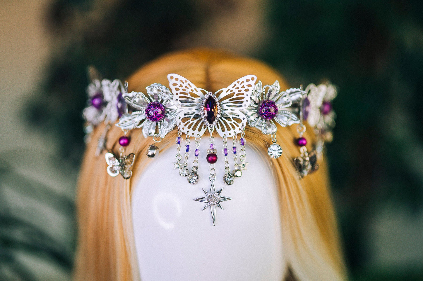 Purple tiara Flower crown Jewellery Elf tiara Diadem Crown Fairy crown Bridal crown Burning man Festival headpiece Butterfly crown Halloween