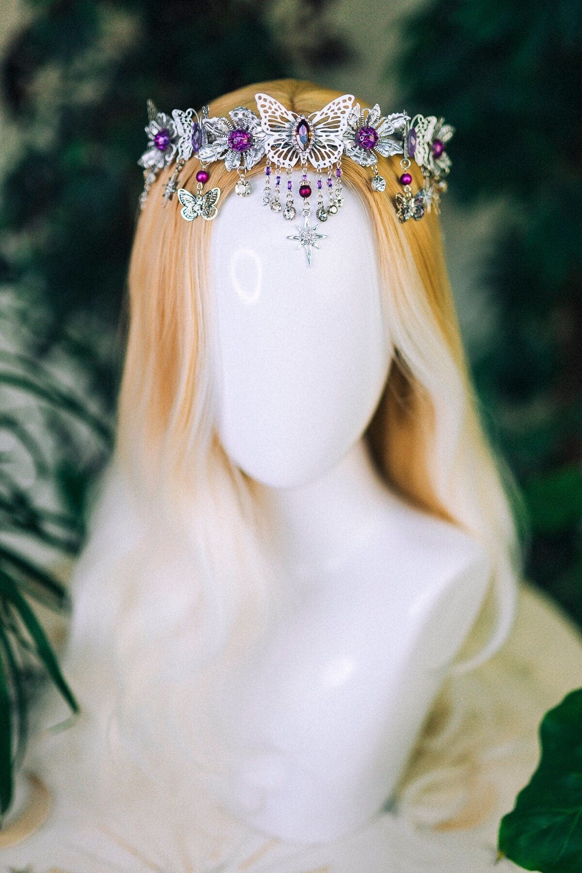 Purple tiara Flower crown Jewellery Elf tiara Diadem Crown Fairy crown Bridal crown Burning man Festival headpiece Butterfly crown Halloween