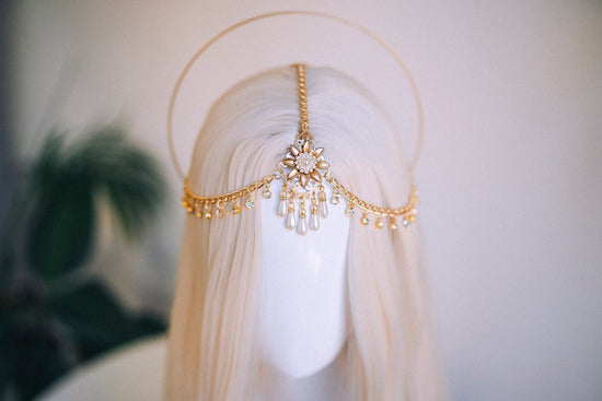 Gold halo crown with pearl beads, Wedding boho crown, Gold wedding crown, Wedding crown, Goddess headpiece, Goddess crown, Festival crown