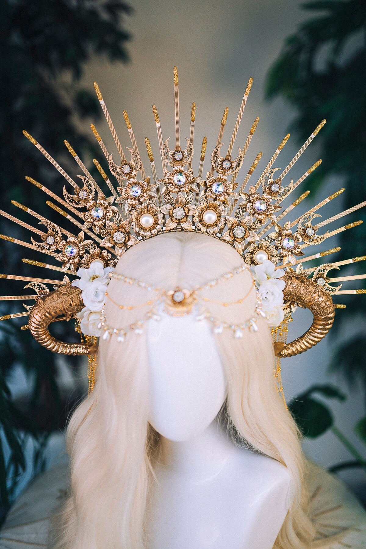 Aries crown Zodiac signs Halo Festival Crown Gold crown Flower Headpiece Fairy crown Birthday headband Burning Man Halloween Jewellery Horns