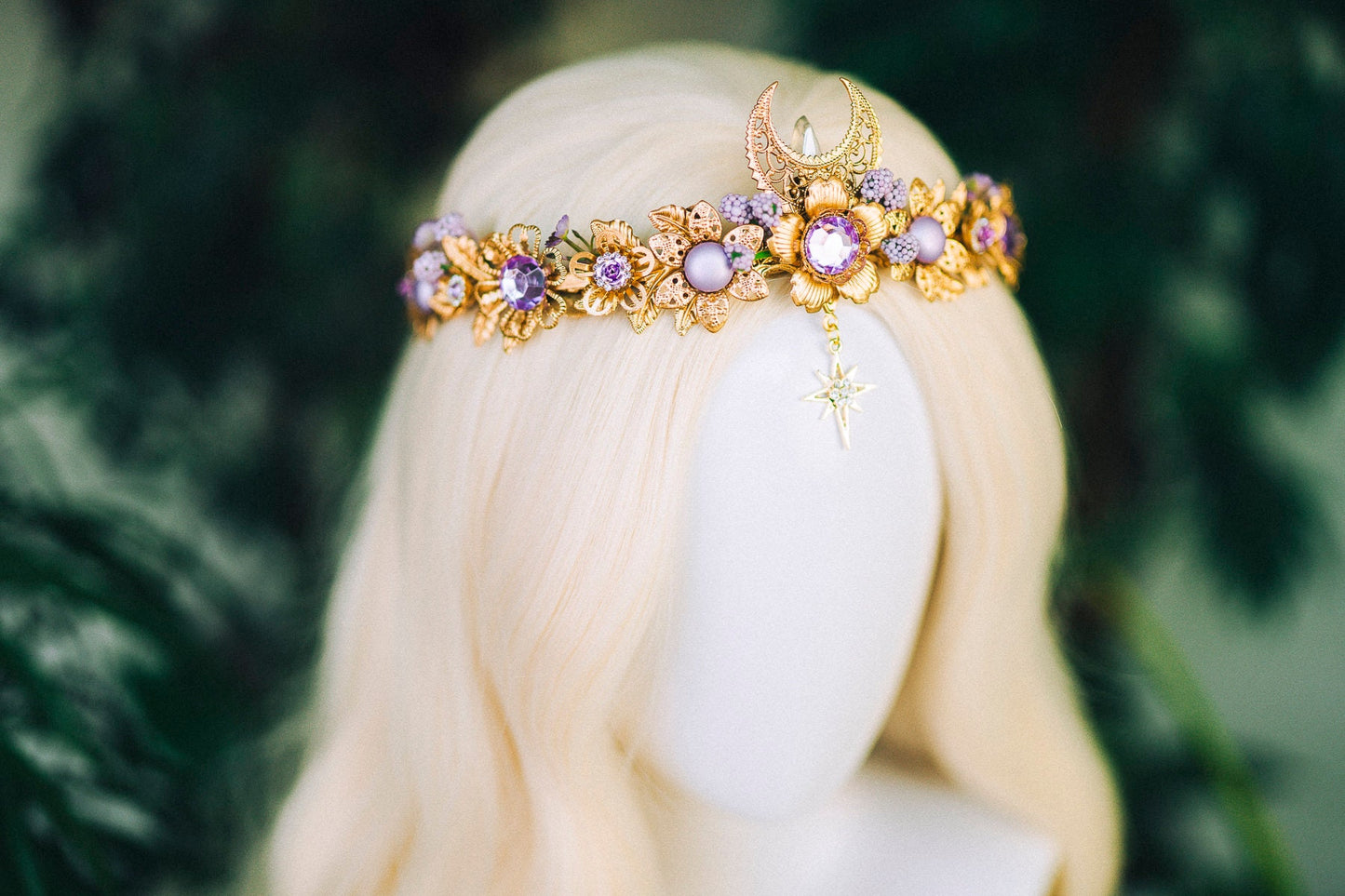 Lavender Flower Crown Flower Tiara Celestial Gold Wedding Headpiece Headband Fairy Eleven Flower Wedding Crown Boho Bride Crystal Crown