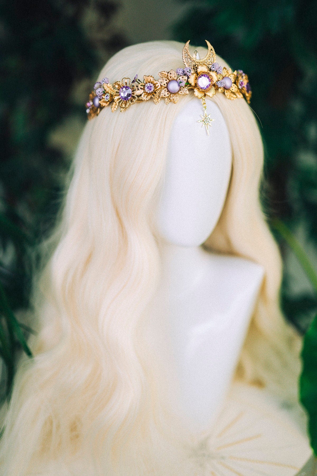 Lavender Flower Crown Flower Tiara Celestial Gold Wedding Headpiece Headband Fairy Eleven Flower Wedding Crown Boho Bride Crystal Crown