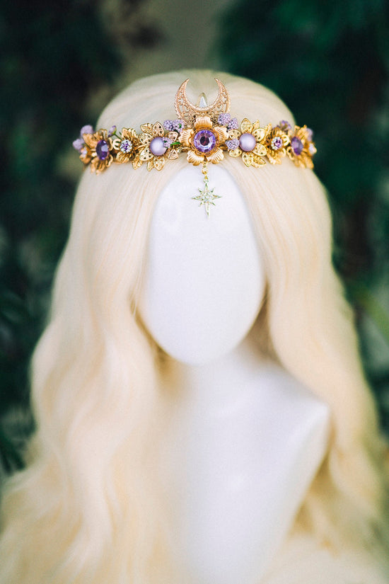 Lavender Flower Crown Flower Tiara Celestial Gold Wedding Headpiece Headband Fairy Eleven Flower Wedding Crown Boho Bride Crystal Crown