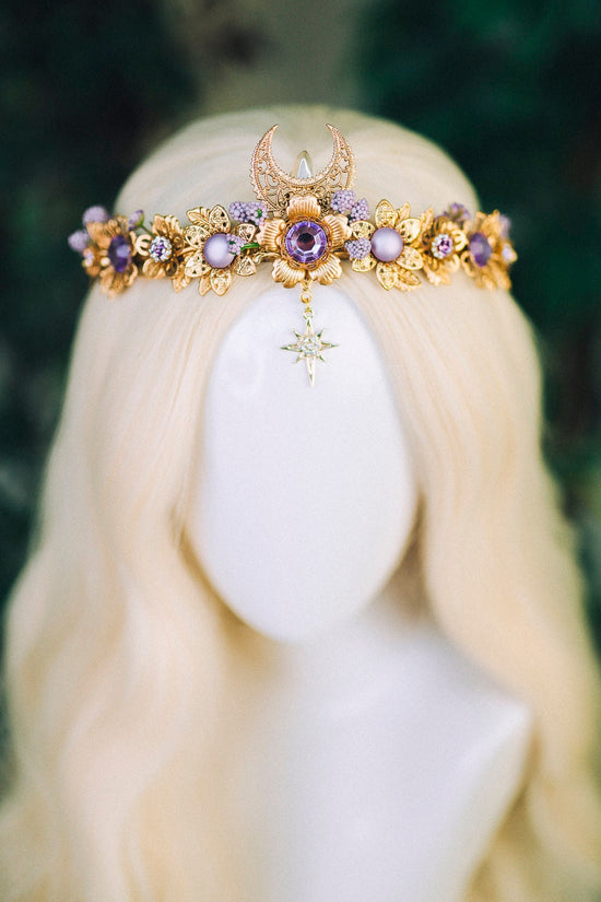 Lavender Flower Crown Flower Tiara Celestial Gold Wedding Headpiece Headband Fairy Eleven Flower Wedding Crown Boho Bride Crystal Crown