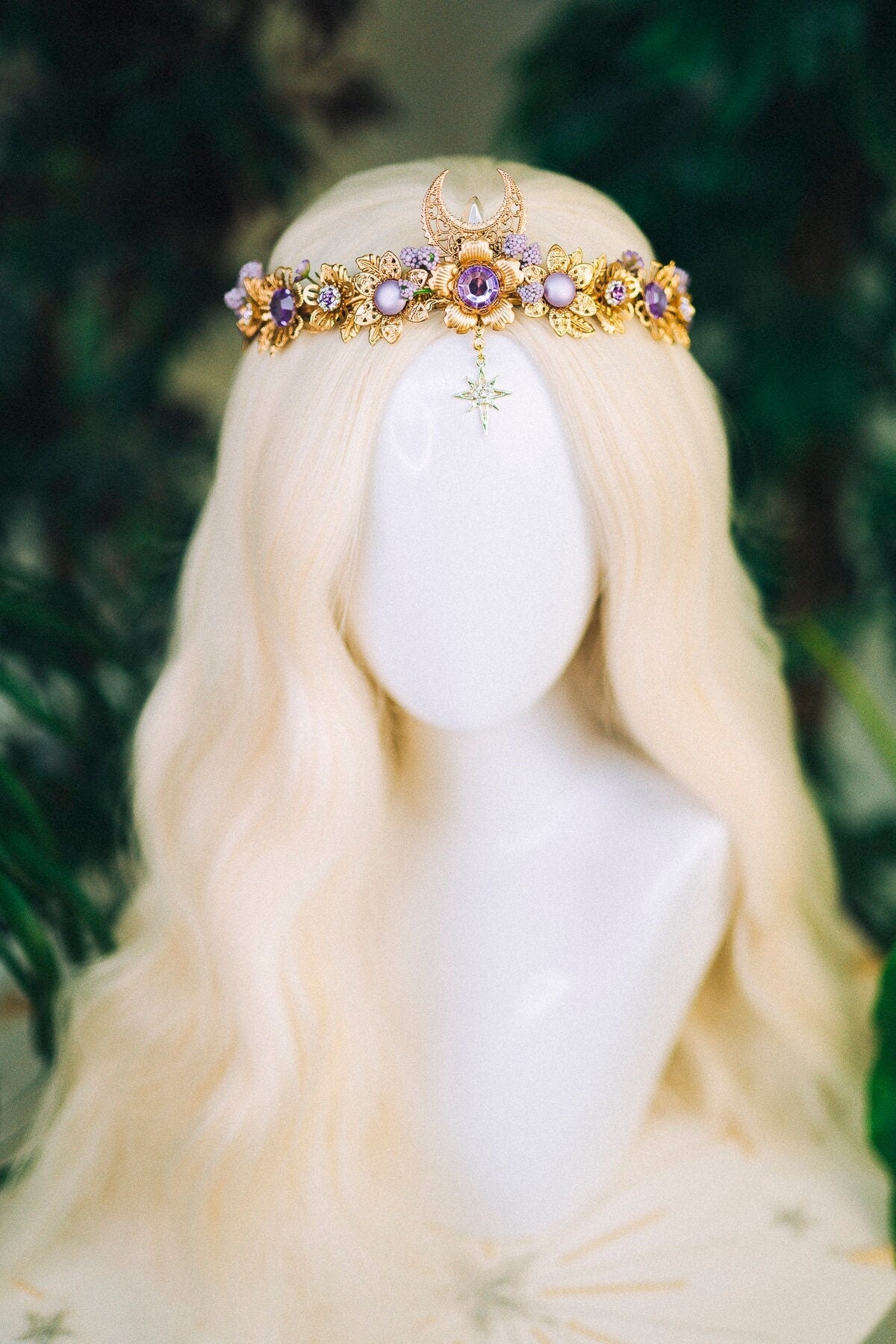 Lavender Flower Crown Flower Tiara Celestial Gold Wedding Headpiece Headband Fairy Eleven Flower Wedding Crown Boho Bride Crystal Crown