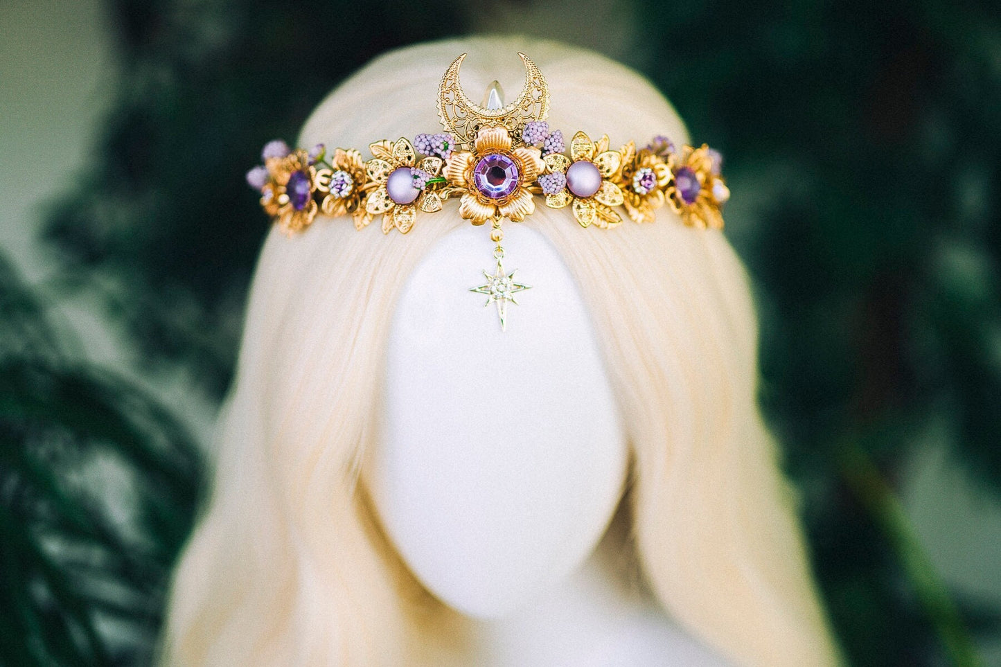 Lavender Flower Crown Flower Tiara Celestial Gold Wedding Headpiece Headband Fairy Eleven Flower Wedding Crown Boho Bride Crystal Crown