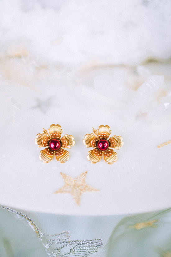 READY TO SHIP Flower earrings Festival earrings Gold Summer earrings Flower jewellery Wedding accessories Burgundy earrings Bridal earrings