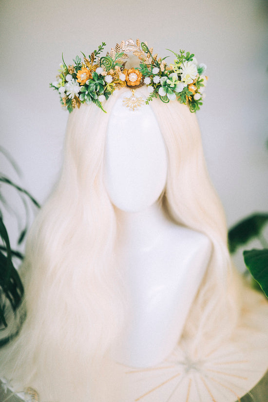 Greenery Flower Crown Flower Tiara Celestial Gold Wedding Headpiece Headband Fairy Eleven Flower Wedding Crown Boho Bride Crystal Crown