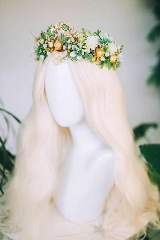 Greenery Flower Crown Flower Tiara Celestial Gold Wedding Headpiece Headband Fairy Eleven Flower Wedding Crown Boho Bride Crystal Crown