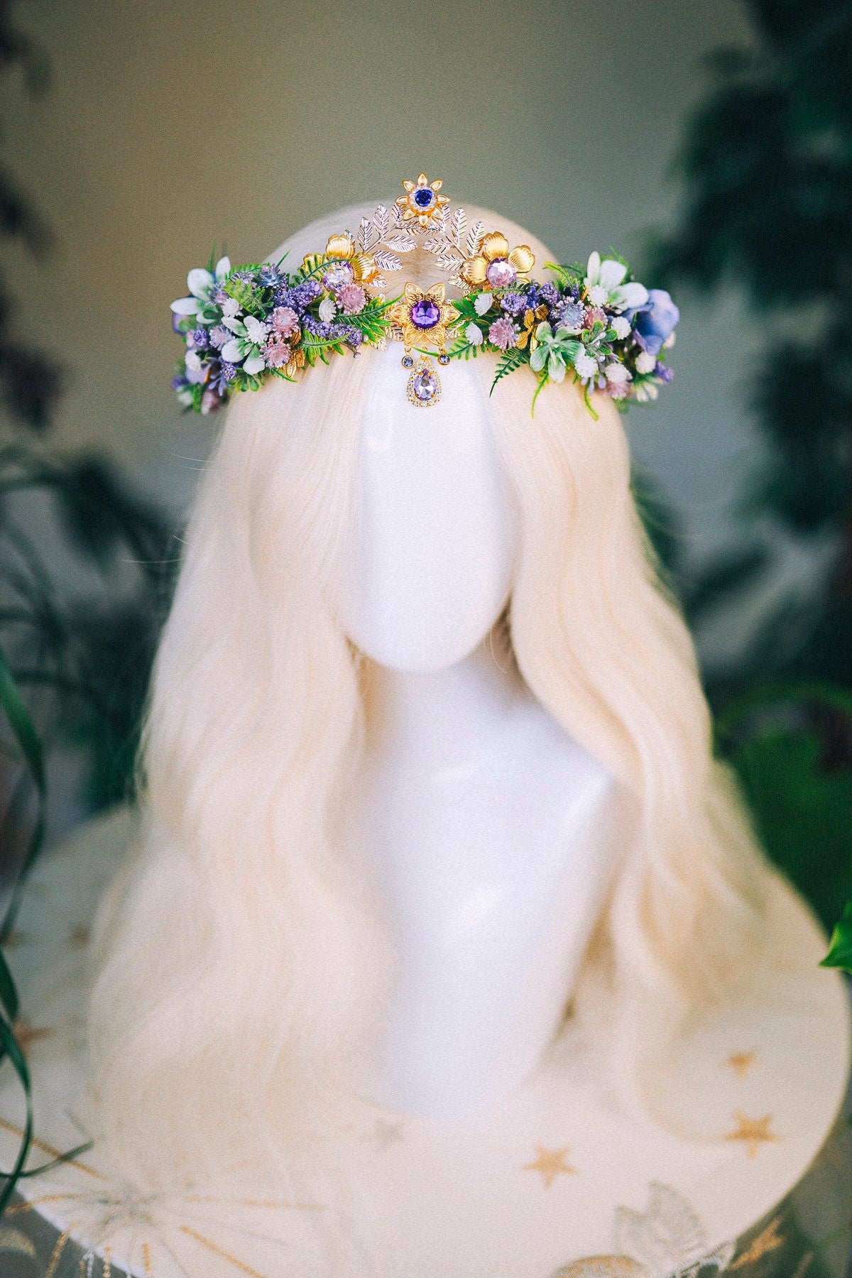 Lavender Flower Crown Flower Tiara Celestial Gold Wedding Headpiece Headband Fairy Eleven Flower Wedding Crown Boho Bride Crystal Crown