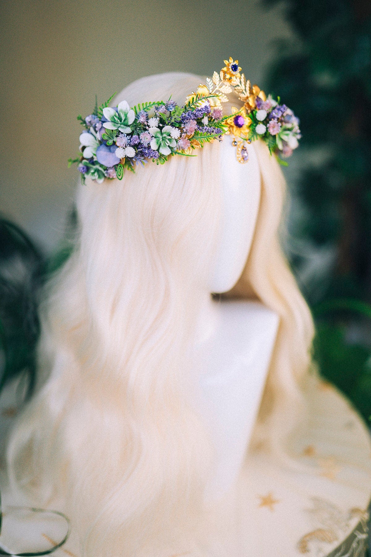 Lavender Flower Crown Flower Tiara Celestial Gold Wedding Headpiece Headband Fairy Eleven Flower Wedding Crown Boho Bride Crystal Crown