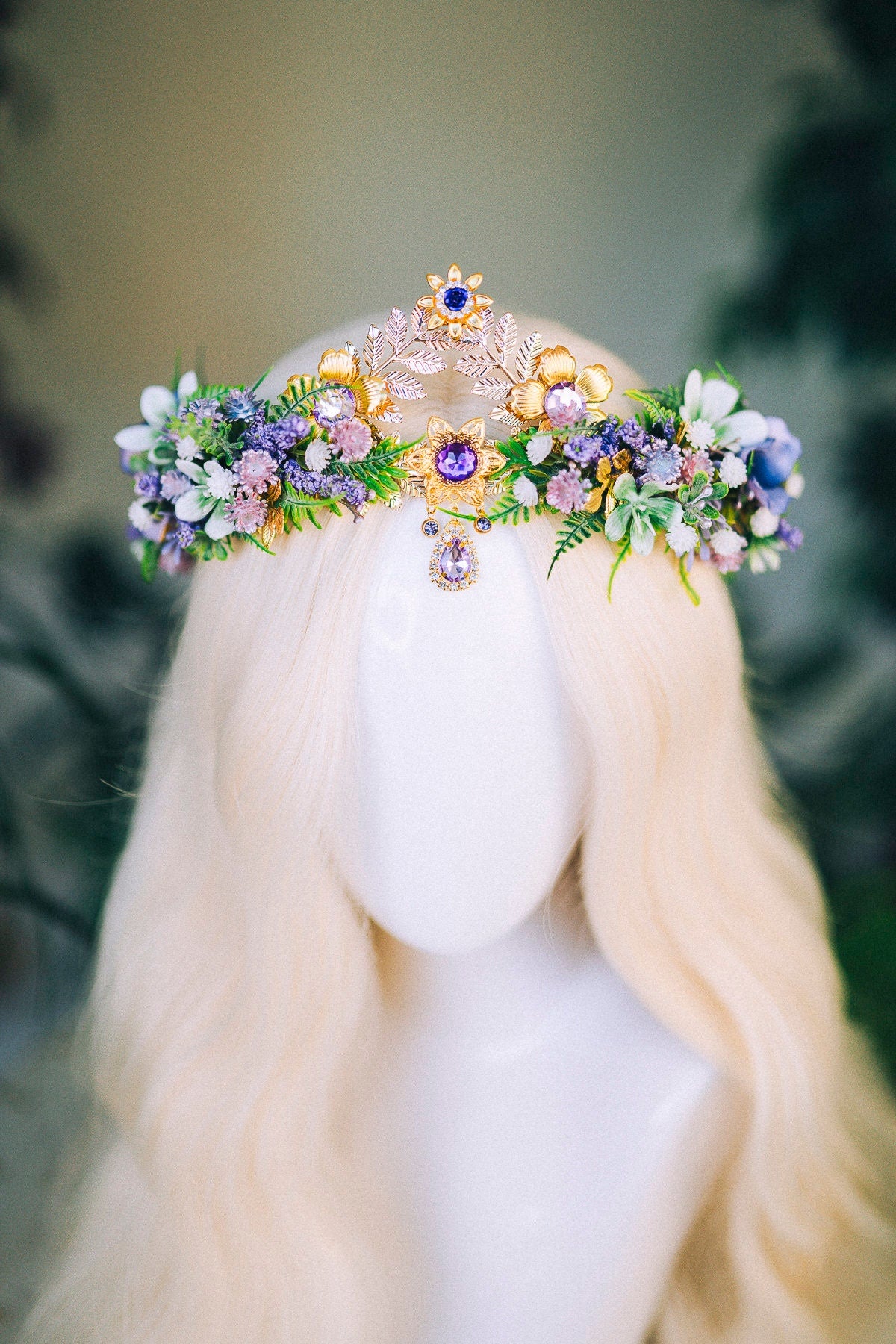 Lavender Flower Crown Flower Tiara Celestial Gold Wedding Headpiece Headband Fairy Eleven Flower Wedding Crown Boho Bride Crystal Crown