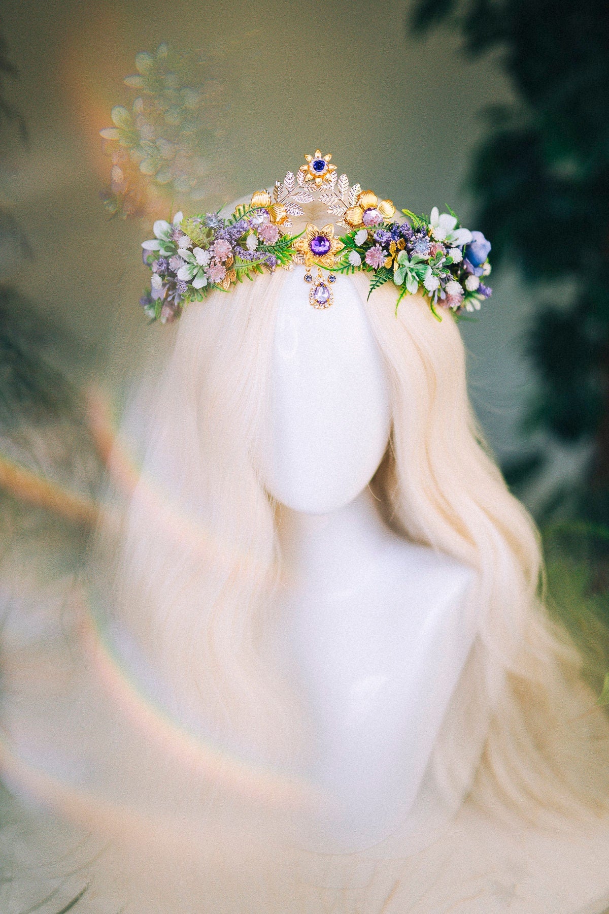 Lavender Flower Crown Flower Tiara Celestial Gold Wedding Headpiece Headband Fairy Eleven Flower Wedding Crown Boho Bride Crystal Crown