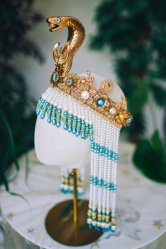 Cleopatra Crown, Gold cobra headpiece, Gold crown, Cleopatra style headpiece, Halloween costume, Goddess Crown, Gold halo crown, Turquoise