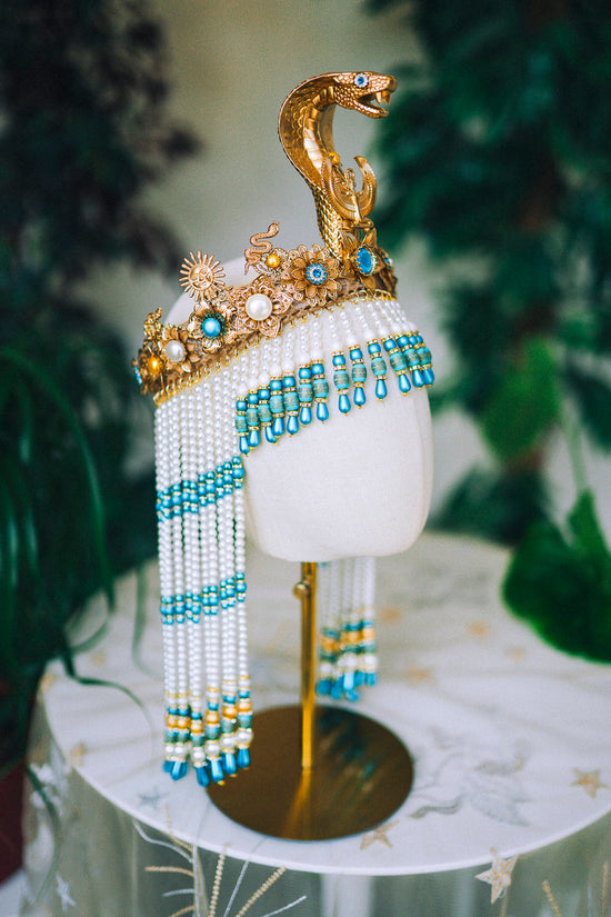 Cleopatra Crown, Gold cobra headpiece, Gold crown, Cleopatra style headpiece, Halloween costume, Goddess Crown, Gold halo crown, Turquoise