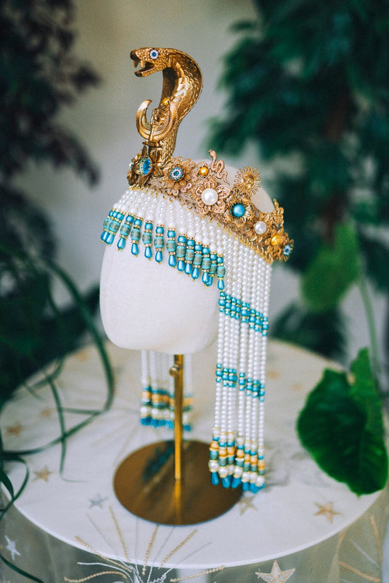 Cleopatra Crown, Gold cobra headpiece, Gold crown, Cleopatra style headpiece, Halloween costume, Goddess Crown, Gold halo crown, Turquoise