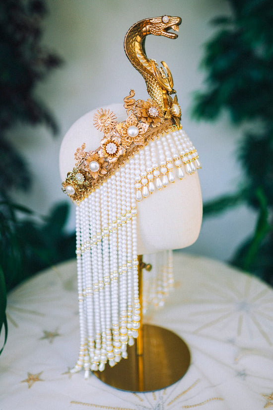 Cleopatra Crown, White pearl crown, Wedding tiara, Pearl jewellery, Gold crown, Halloween, Burning man, Goddess crown