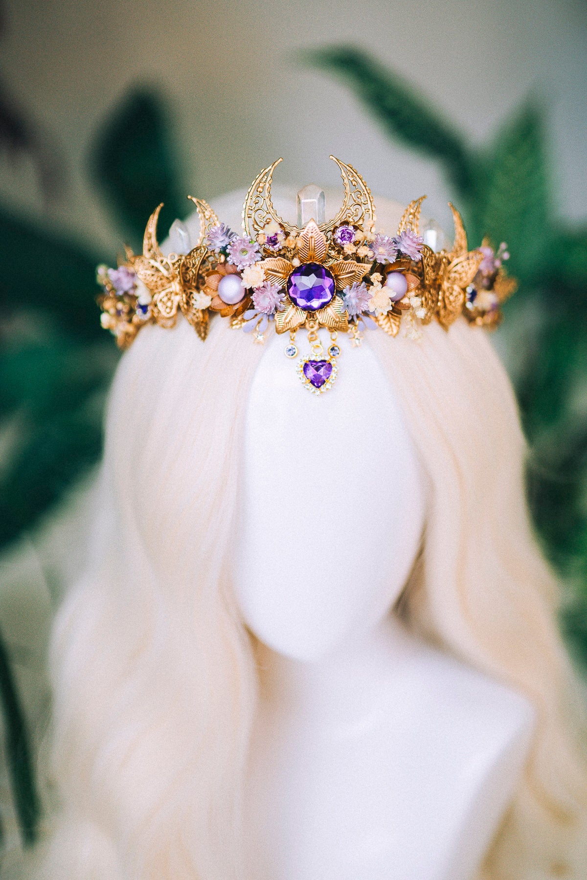 Lavender flower crown, Flower headpiece, Gold crown, Bridal crown, Wedding headpiece, Purple flower crown, Fairy crown, Crystal crown