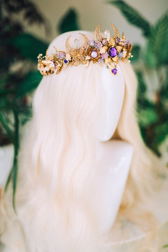 Lavender flower crown, Flower headpiece, Gold crown, Bridal crown, Wedding headpiece, Purple flower crown, Fairy crown, Crystal crown